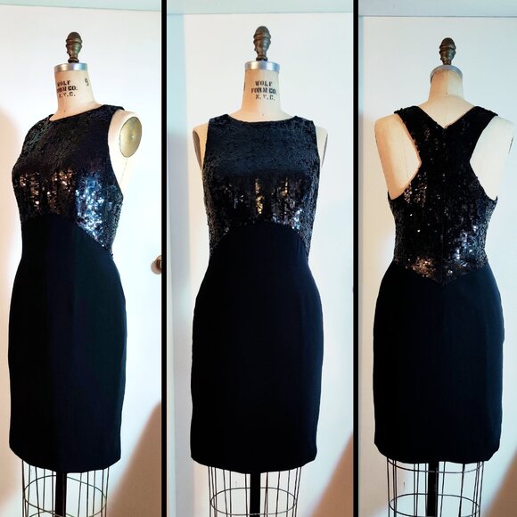 Vintage Black Tie Oleg Cassini Holt Renfrew Sequin Racerback Shift Dress LBD S - Picture 3 of 8